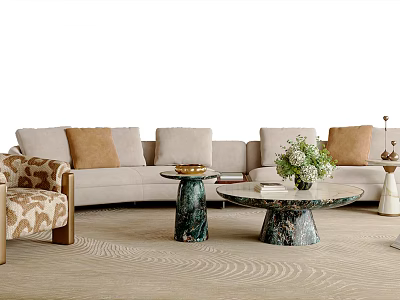 Beige Sofa With Brown Cushions And Round Coffee Tables In Modern Living Room 3d model
