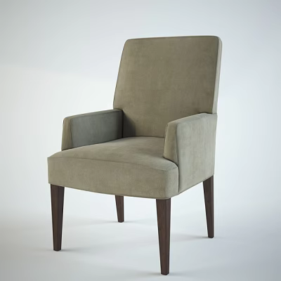 Stylish Modern Beige Upholstered Dining Chair with Armrests and Wooden Legs 3d model