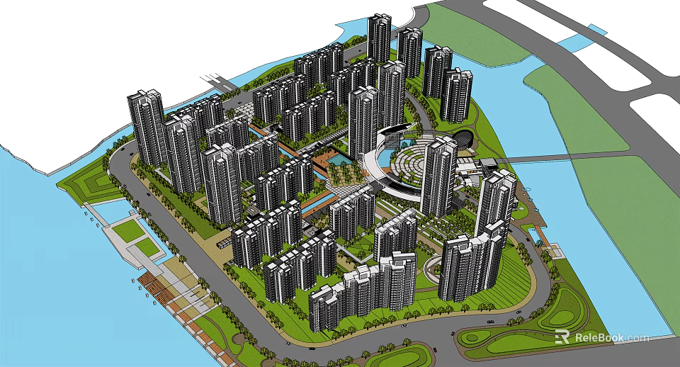 Modern Waterfront Residential Complex With High Rise Buildings And Green Spaces 3d model 