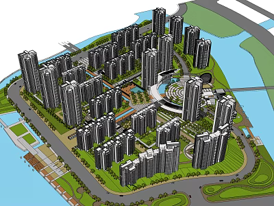 Modern Waterfront Residential Complex With High Rise Buildings And Green Spaces 3d model