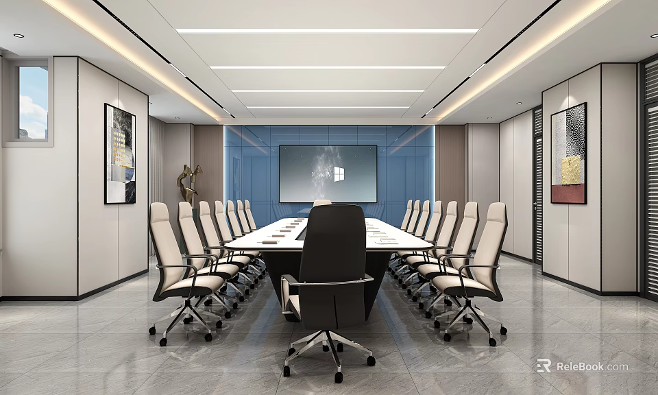 Modern Conference Room With Long Table Multiple Chairs Black Main Chair And Background Screen 3d model 
