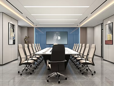 Modern Conference Room With Long Table Multiple Chairs Black Main Chair And Background Screen 3d model