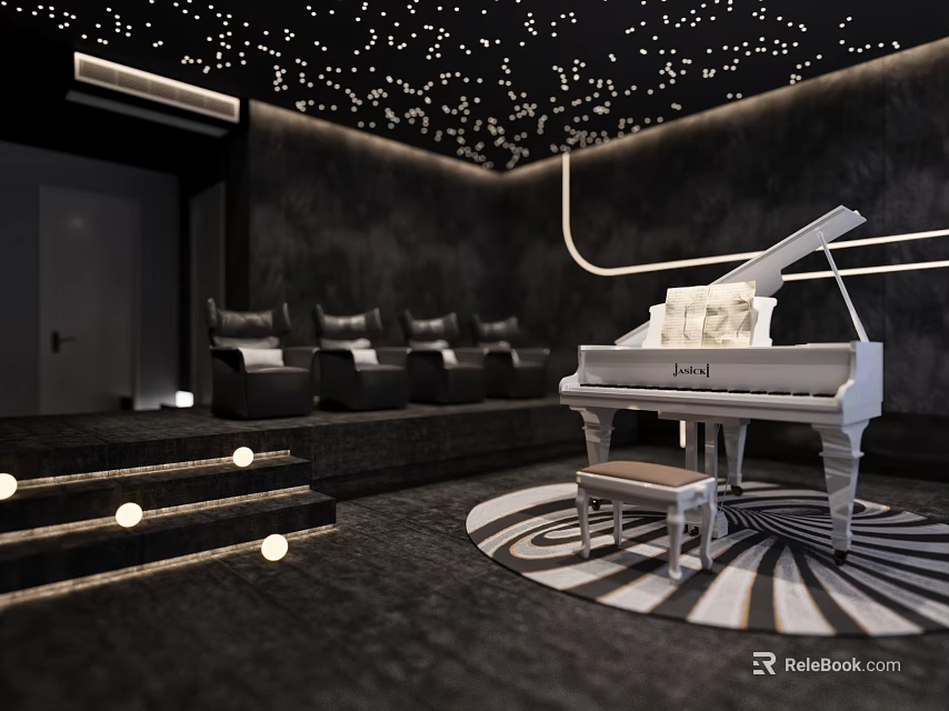 Luxurious Piano Room With White Grand Piano And Starry Ceiling 3d model 