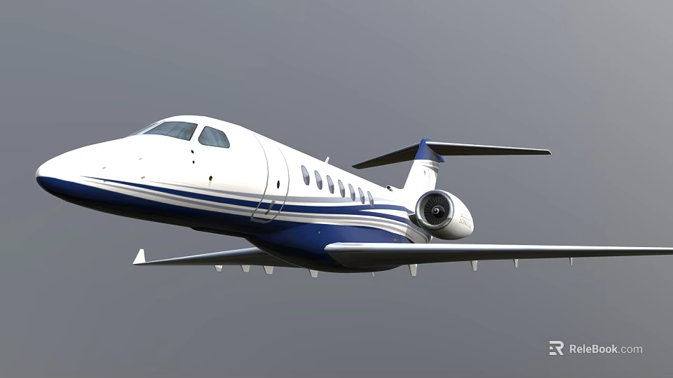 Modern white and blue business jet with sleek fuselage wings engine and tail details 3d model 