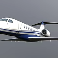 Modern white and blue business jet with sleek fuselage wings engine and tail details