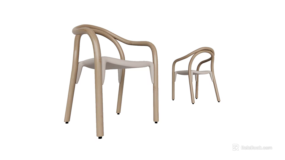Modern Minimalist Single Chair With Light Wood Frame And Beige Cushion Curved Armrests Home Furniture 3d model 