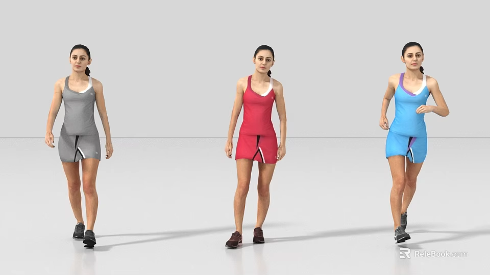 Three Women Standing In Gray Red Blue Sportswear Shorts And Sneakers 3d model 