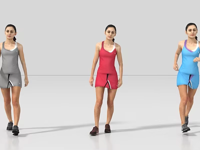 Three Women Standing In Gray Red Blue Sportswear Shorts And Sneakers 3d model