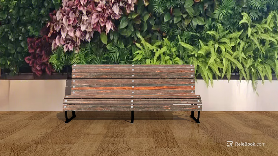 Durable Wooden Outdoor Bench with Metal Legs and Colorful Plant Wall Background 3d model 