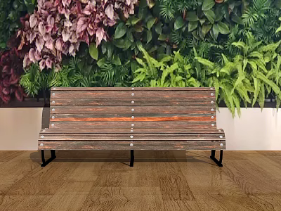 Durable Wooden Outdoor Bench with Metal Legs and Colorful Plant Wall Background 3d model