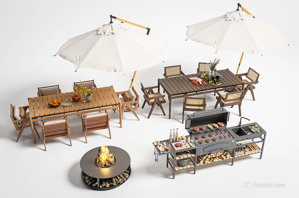 Outdoor Wooden Dining Table With Umbrella Chairs Fire Pit And Grill Station Setup 3d model 