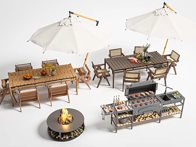 Outdoor Wooden Dining Table With Umbrella Chairs Fire Pit And Grill Station Setup 3d model
