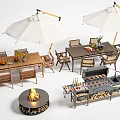 Outdoor Wooden Dining Table With Umbrella Chairs Fire Pit And Grill Station Setup