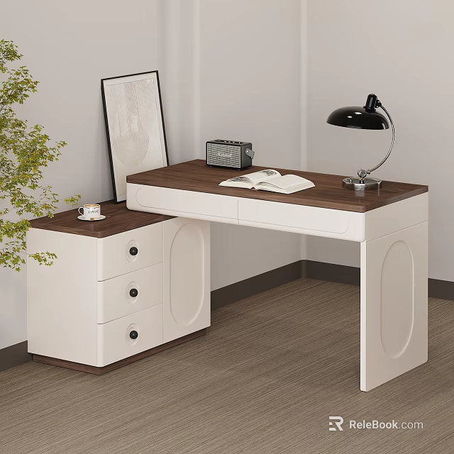 Wooden Top Office Desk With White Cabinet Black Lamp Open Book And Green Plant 3d model 