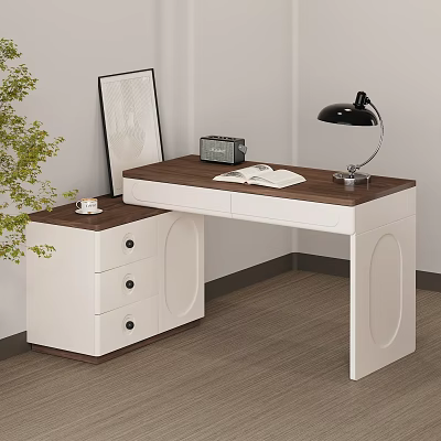 Wooden Top Office Desk With White Cabinet Black Lamp Open Book And Green Plant 3d model
