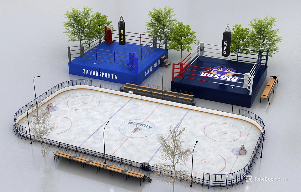 Outdoor Sports Complex Featuring Boxing Rings Ice Rink Trees And Benches 3d model 