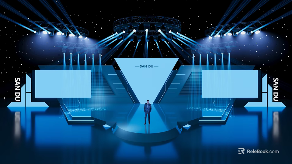 Modern Stage Design Person Standing Center San Su Sign Steps Starry Background Lighting 3d model 