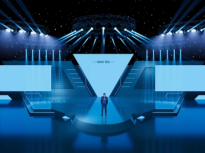 Modern Stage Design Person Standing Center San Su Sign Steps Starry Background Lighting 3d model