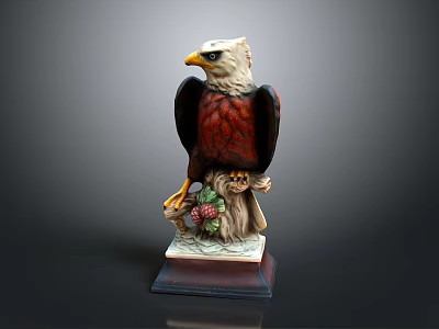 Eagle Sculpture Carving With White Head Red Body Standing On Wooden Base With Grape Vine 3d model