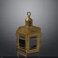 Decorative Golden Lantern With Ornate Metal Frame And Glass Panels