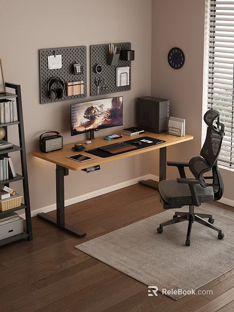 Modern Wooden Desk with Monitor Keyboard Mouse Smartphone Speaker PC Tower and Ergonomic Chair 3d model 