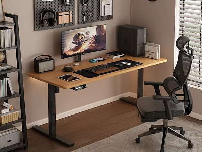 Modern Wooden Desk with Monitor Keyboard Mouse Smartphone Speaker PC Tower and Ergonomic Chair 3d model
