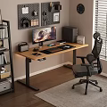 Modern Wooden Desk with Monitor Keyboard Mouse Smartphone Speaker PC Tower and Ergonomic Chair