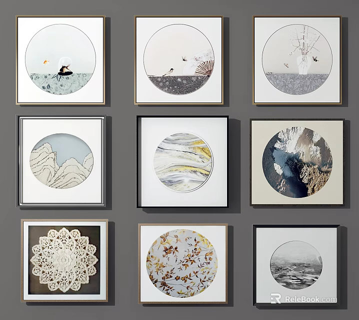 Collection of Circular Wall Art Pieces with Various Styles Hanging on Grey Wall 3d model 