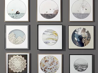 Collection of Circular Wall Art Pieces with Various Styles Hanging on Grey Wall 3d model