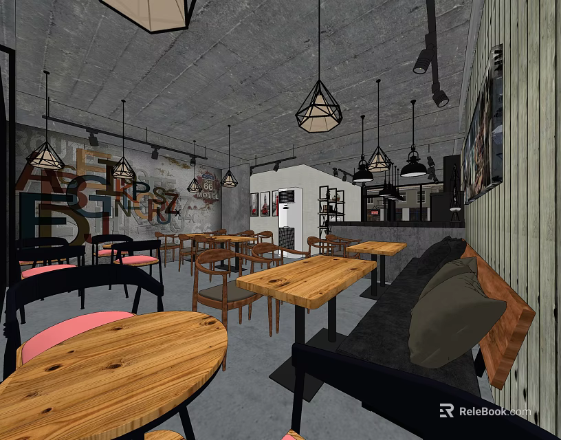 Milk Tea Shop Industrial Style Interior With Wooden Tables Chairs Pendant Lights And Sofa Seating 3d model 