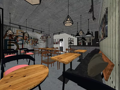 Milk Tea Shop Industrial Style Interior With Wooden Tables Chairs Pendant Lights And Sofa Seating 3d model