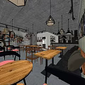 Milk Tea Shop Industrial Style Interior With Wooden Tables Chairs Pendant Lights And Sofa Seating