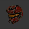 Futuristic Warrior Helmet In Red With Black Accents And Glowing Orange Visor