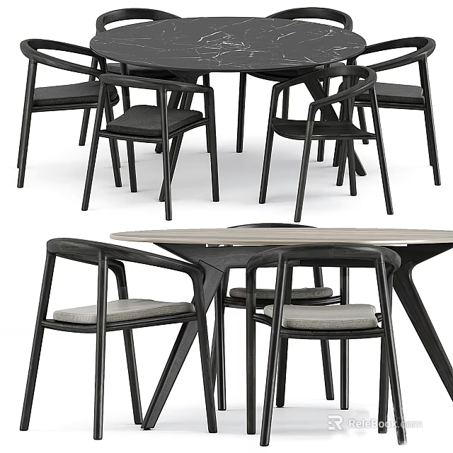 Modern Dining Table Set With Black Frame And Upholstered Chairs 3d model 