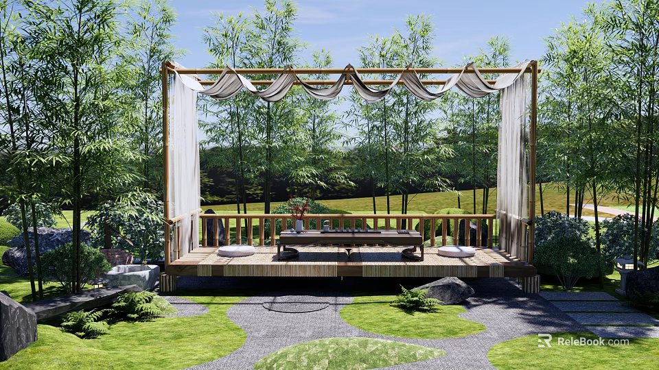 Courtyard Garden Design With Wooden Deck Canopy Curtains Surrounding Trees Grass And Stone Path 3d model 