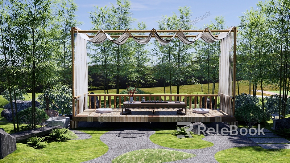 Bamboo Forest Garden Landscape Bamboo Forest Corridor Zen Tea Room Bamboo Forest Tea Outdoor Gauze Mantle Tea Table Tea Set model