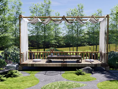 Courtyard Garden Design With Wooden Deck Canopy Curtains Surrounding Trees Grass And Stone Path 3d model