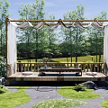 Courtyard Garden Design With Wooden Deck Canopy Curtains Surrounding Trees Grass And Stone Path