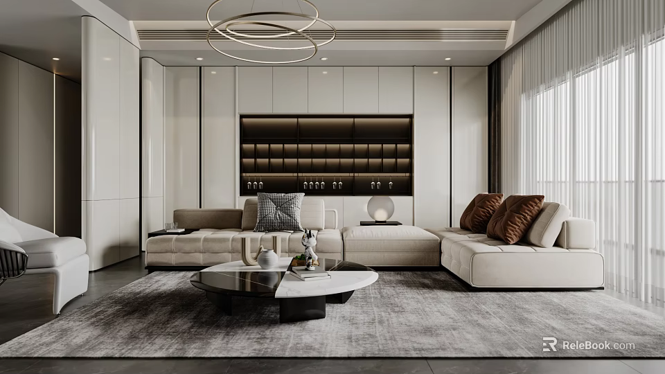 Modern Living Room Interior With Beige Sofas Circular Pendant Lights And Coffee Table 3d model