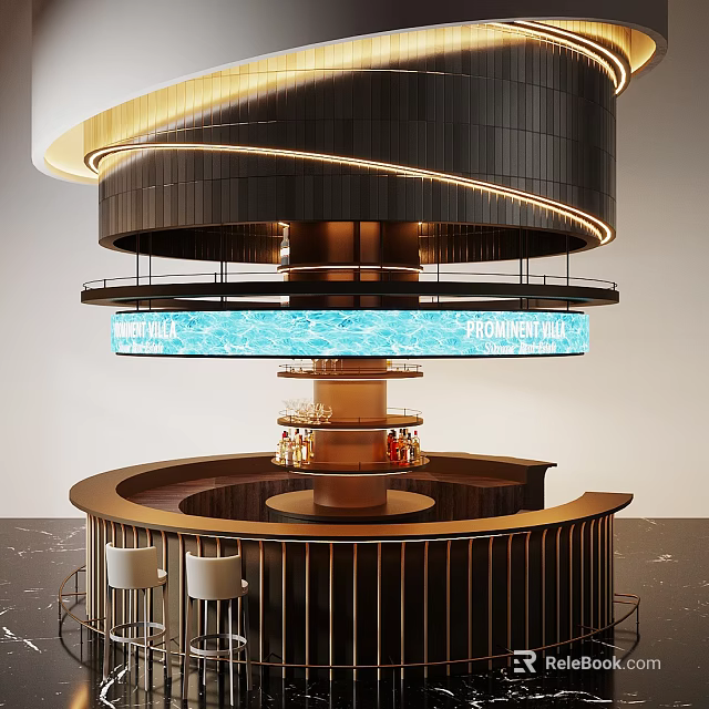 Elegant Circular Bar Counter Design With Ring Lighting Digital Screen Wine Rack And Stools 3d model 