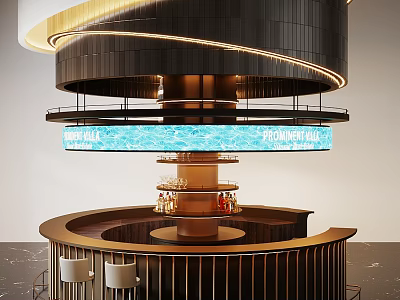 Elegant Circular Bar Counter Design With Ring Lighting Digital Screen Wine Rack And Stools 3d model