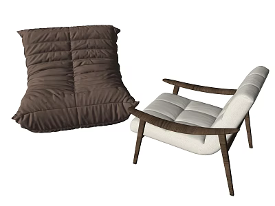 Modern Leisure Chairs With Brown Puffy Seat And Wooden Armrest Light Colored Cushion 3d model