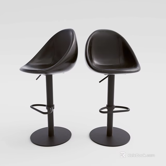 Modern Black Bar Stools With Metal Frame Round Base And Footrest Design 3d model 