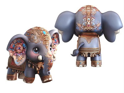 Ornate Decorative Elephant Figurines With Intricate Patterns And Gemstone Accents 3d model