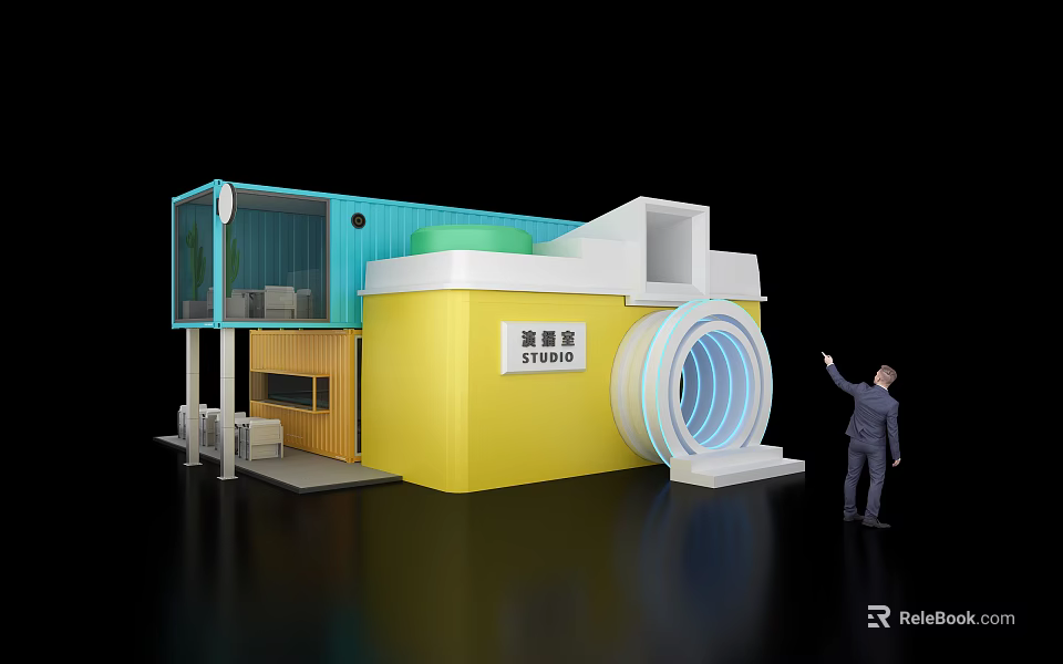 Modern Blue And Yellow Container Building Coffee Bar With Circular Design Structure 3d model