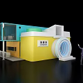 Modern Blue And Yellow Container Building Coffee Bar With Circular Design Structure 3d model