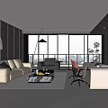 Modern Office Interior Design With Sofa Desk Chair Bookshelf And Large Window