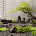 Japanese Karesansui Garden with Gray Walls Pine Tree Stones Stone Lanterns Moss and Gravel