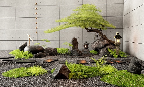 New Chinese style courtyard landscape sketch landscape stone Tingbu dry mountain water moss plant modeling pine water bowl water landscape rain chain 3d model