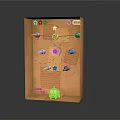 Brown Cardboard Box Game Scene With Green Monster Stars Arrows And Light Bulb